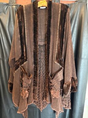 Women's Brown Velvet Trim Open Cardigan Sweater boho 2X made in Italy 🇮🇹